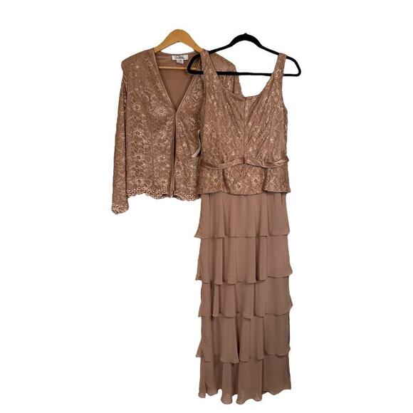 Patra Women's 2 Piece Floral Lace Jacket Layered Maxi Dress Size 12 Taupe NWOT - Picture 7 of 10